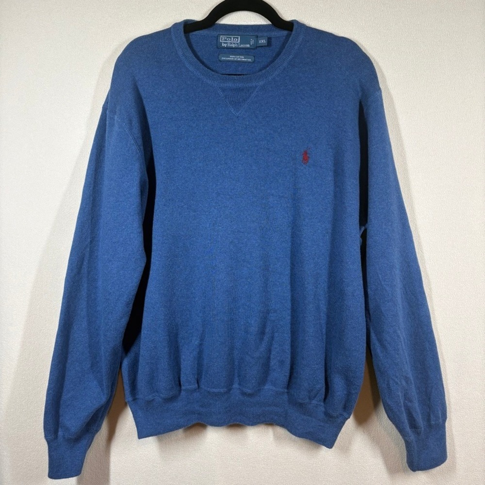 Polo Ralph‎ Lauren Mens XXL Blue Cotton Crewneck Sweater Red Pony Heritage FLAW
